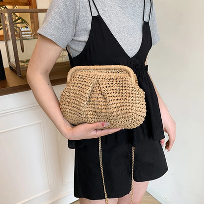 Straw Woven Pillow Clutch Bag – Gold Chain Shoulder Bag Women