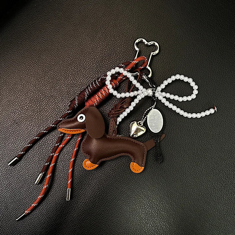 Dachshund Leather Bag Charm Keychain with Tassel & Pearl Bow
