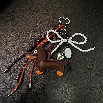 Dachshund Leather Bag Charm Keychain with Tassel & Pearl Bow