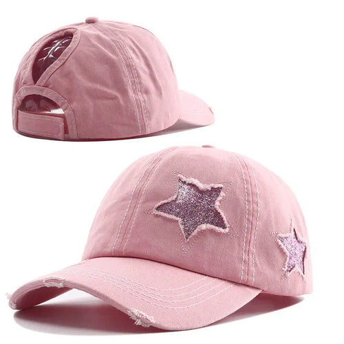 Ponytail Baseball Cap Star Patch Distressed Snapback Women Hat