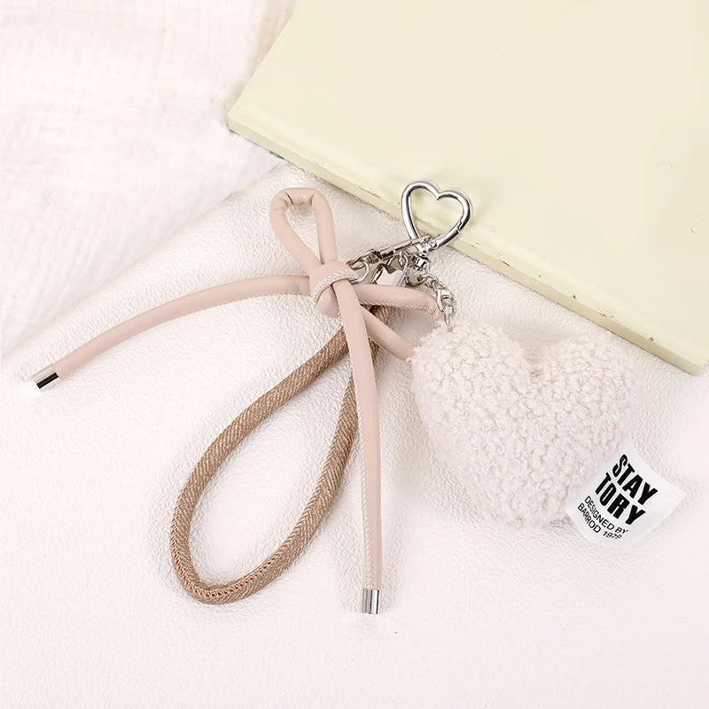 Plush Heart Keychain Bag Charm with Bow & Wrist Lanyard