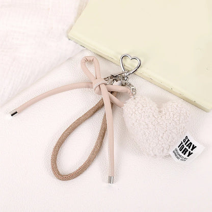 Plush Heart Keychain Bag Charm with Bow & Wrist Lanyard