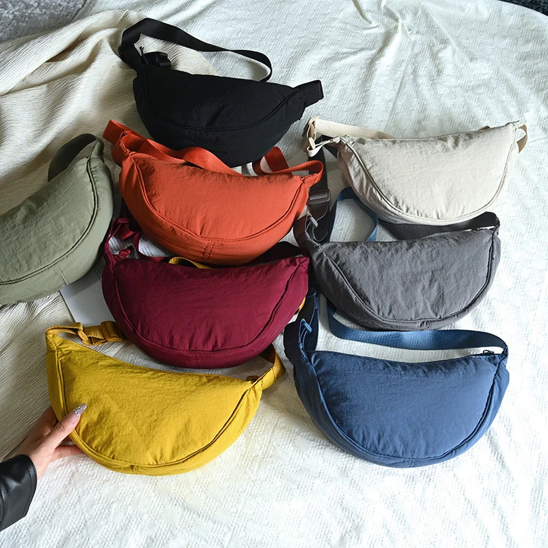 Nylon Crescent Shoulder Bag for Women – Casual Dumpling Crossbody