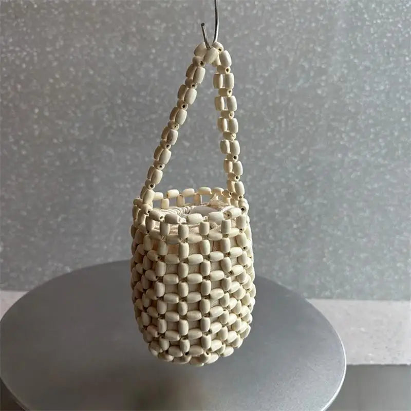 Handmade Wooden Bead Woven Bucket Bag – Mini Hollow Handbag for Women