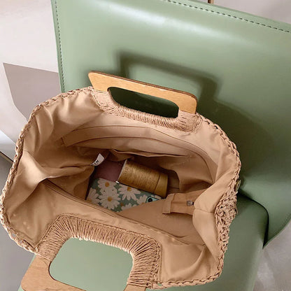 Woven Straw Tote Bag – Wooden Handle Beach & Travel Handbag