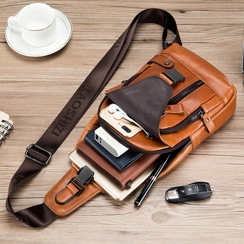 Men's Genuine Leather Sling Bag with USB Charging Port