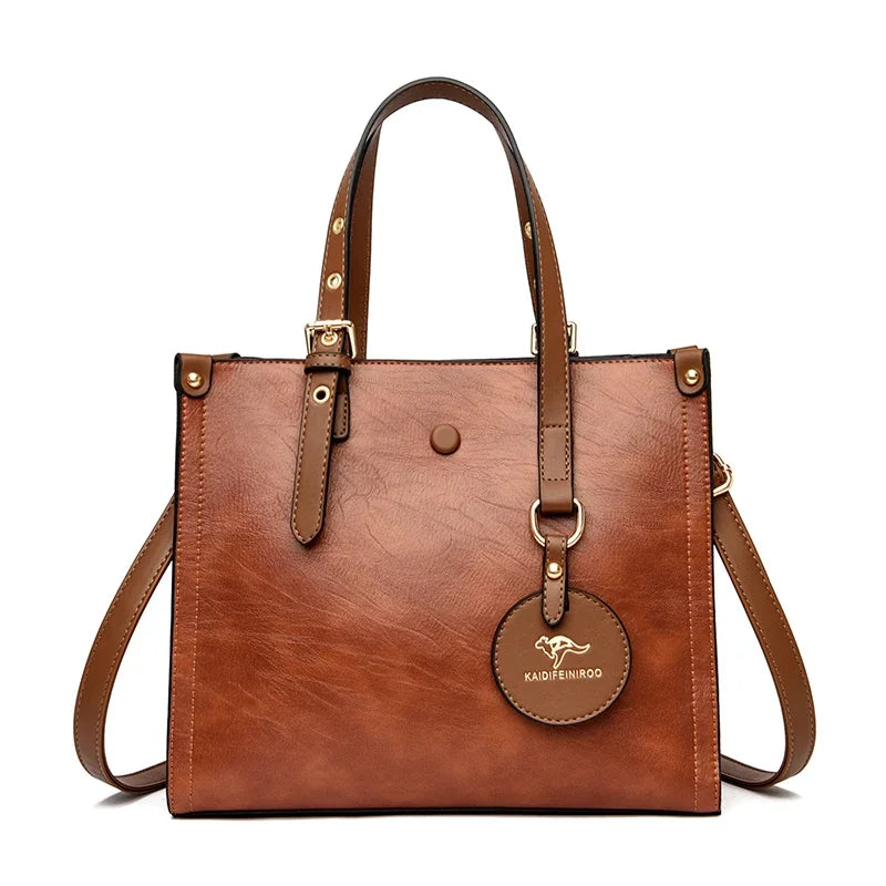 3-Layer Vintage Leather Tote Bag for Women