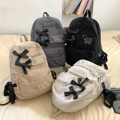 Bow Accent Corduroy Backpack for Women – Cute Aesthetic School Bag