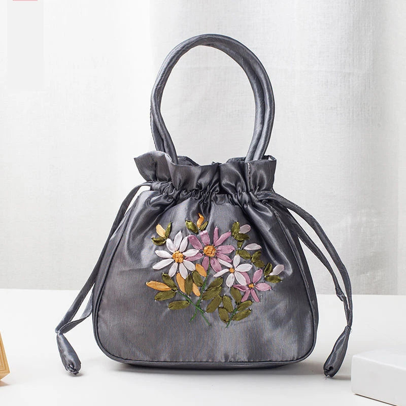 Embroidered Drawstring Handbag – Floral Satin Bucket Bag