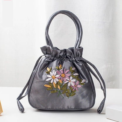 Embroidered Drawstring Handbag – Floral Satin Bucket Bag