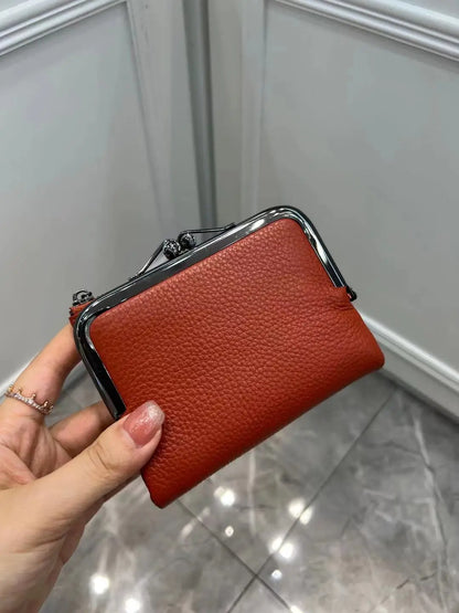 Genuine Cowhide Leather Retro Kiss-Lock Coin Purse & Short Wallet
