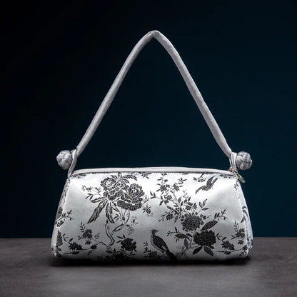 Silk Embroidered Shoulder Bag – Floral Satin Handbag