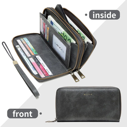 RFID Blocking Double-Zipper Wallet for Women – Vintage Large Capacity Card Holder