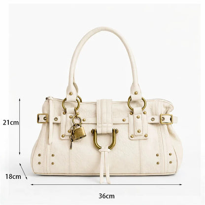 Retro Rivet Shoulder Bag with Padlock & Large Capacity