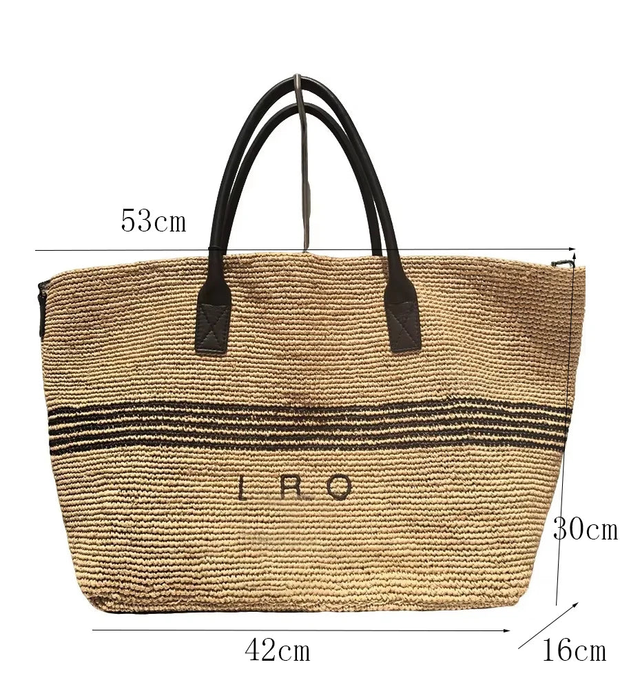 Large Woven Straw Tote Bag – Luxury PU Leather Handle Beach Bag