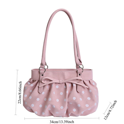 Polka Dot Ruched Shoulder Bag Star Pendant Women Bow Decor Large Capacity Hobo Retro Versatile