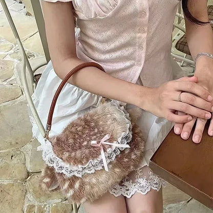 Faux Fur Deer Plush Crossbody Bag – Lolita Bow Design