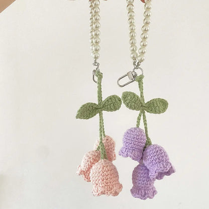 Crochet Flower Keychain with Pearl Chain Bag Charm Handmade
