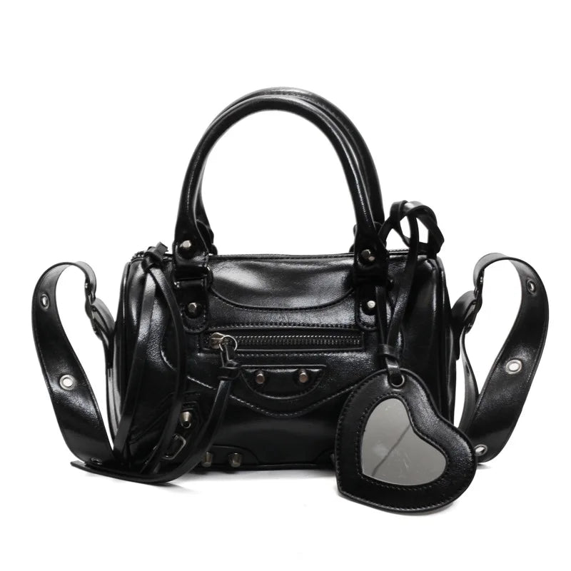 Mini Leather Cylinder Bag – Rivet Crossbody Handbag for Women
