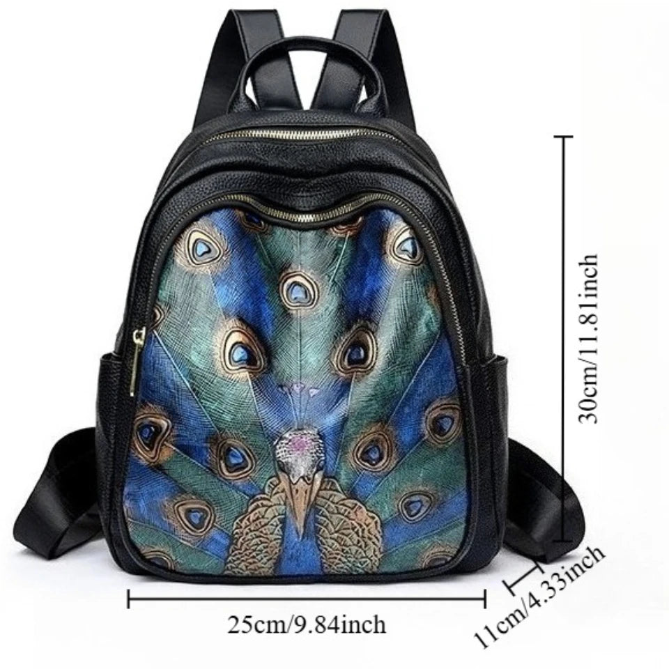 Peacock Feather Print PU Leather Backpack for Women – Large Capacity