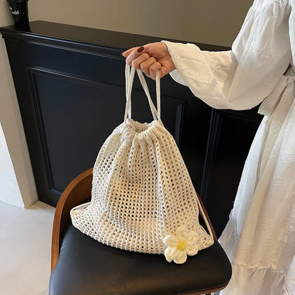Crochet Drawstring Backpack for Women – Hollow Knit Flower Bag