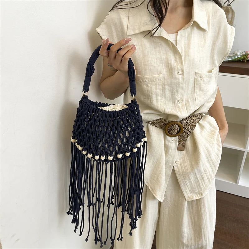 Moods Boho Style Shoulder Basket Bags Women 2-In-1 Yarn Knitted Drawstring Bucket Handbags Summer