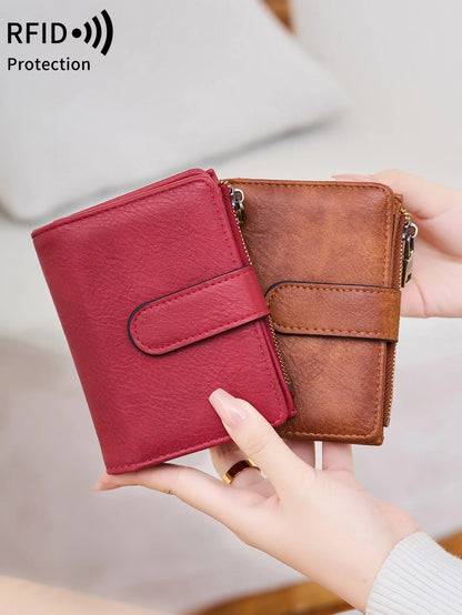 RFID Anti-Theft Women's Wallet – Retro Trifold Coin Purse with Zipper Closure