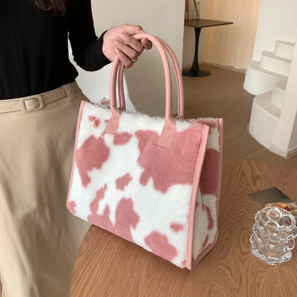 Faux Fur Leopard Print Tote Bag for Women – Soft Shopper Handbag