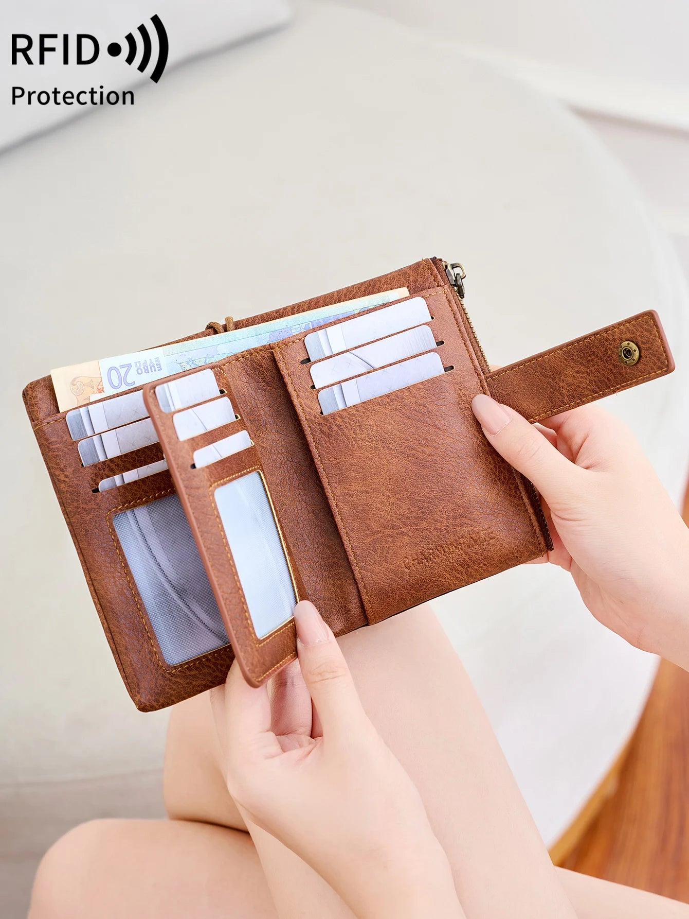 RFID Blocking Women's Trifold Wallet – Large Capacity Leather Purse