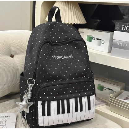 Cute Piano Key Print Backpack Women Polka Dot Music Theme School Bag Stylish Star Charm Student