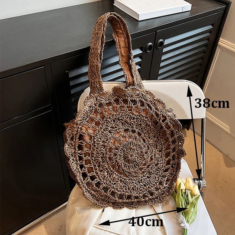 Handmade Straw Woven Round Beach Tote Bag