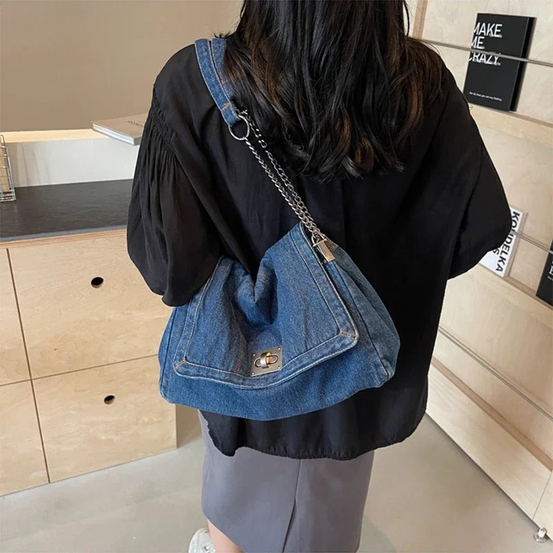 Denim Chain Shoulder Bag for Women – Large Capacity Retro Hobo