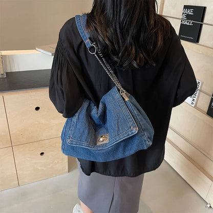 Denim Chain Shoulder Bag for Women – Large Capacity Retro Hobo