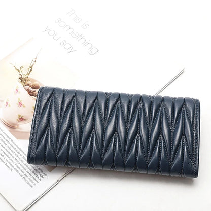 Genuine Sheepskin Leather Long Wallet for Women – Pleated Clutch Purse