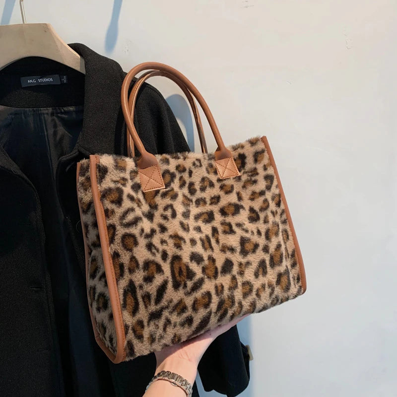 Faux Fur Leopard Print Tote Bag for Women – Soft Shopper Handbag