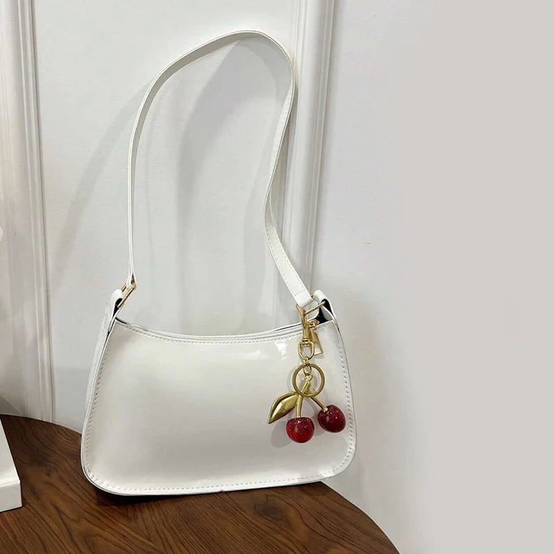 PU Leather Shoulder Bag with Cherry Pendant for Women