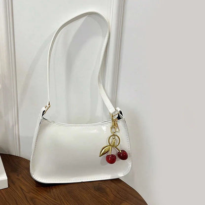PU Leather Shoulder Bag with Cherry Pendant for Women