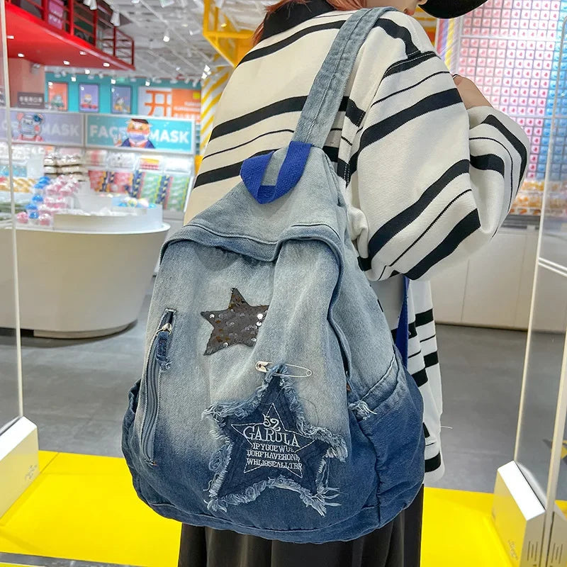 Denim Star Backpack – Y2K Korean Vintage Schoolbag