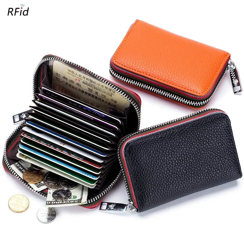RFID Blocking Leather Card Holder Wallet – Zipper Accordion Coin Purse