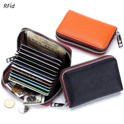 RFID Blocking Leather Card Holder Wallet – Zipper Accordion Coin Purse