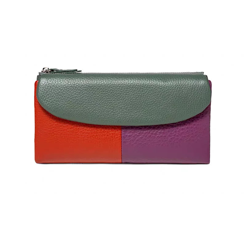 Genuine Leather Tri-Fold Long Wallet for Women – Patchwork Color-Block Purse