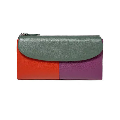 Genuine Leather Tri-Fold Long Wallet for Women – Patchwork Color-Block Purse