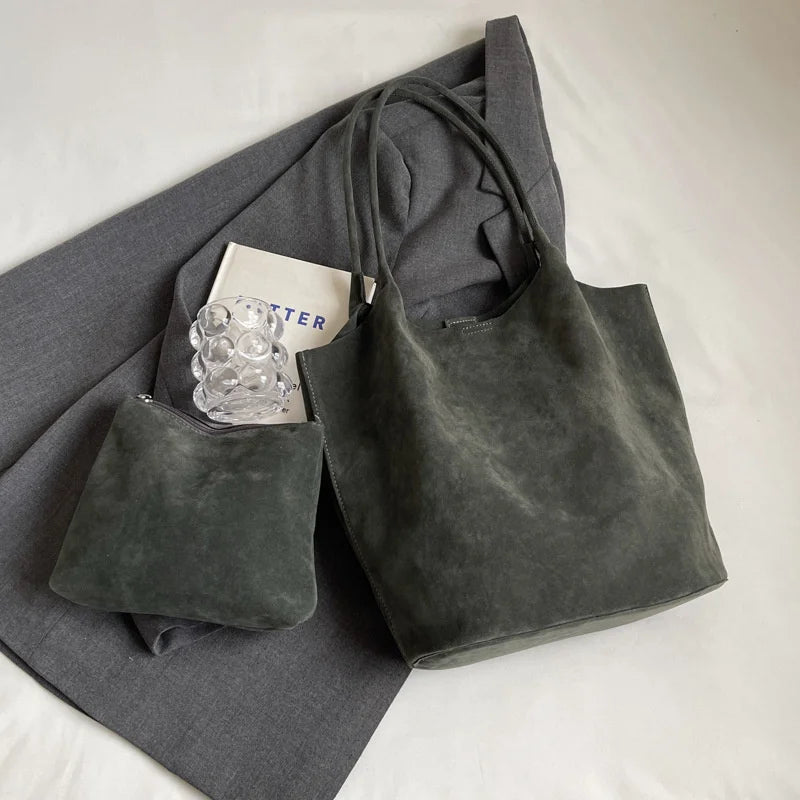 Suede Tote Bag – Women's Retro Large Shoulder Bag with Pouch