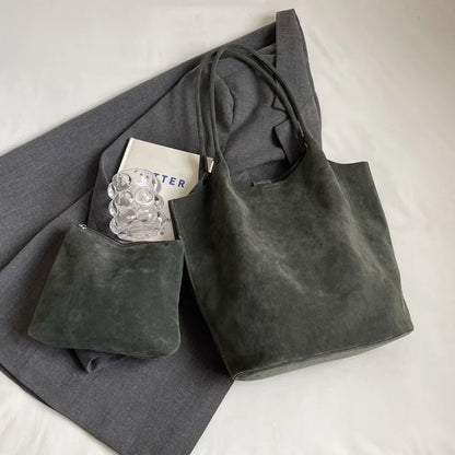 Suede Tote Bag – Women's Retro Large Shoulder Bag with Pouch