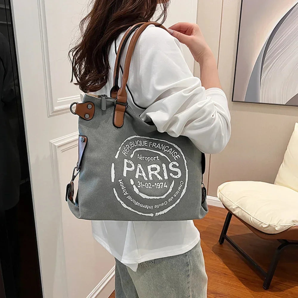 Vintage Paris Canvas Tote Bag – Large Crossbody Shoulder Bag