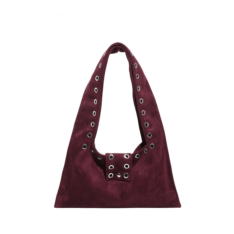 Suede Shoulder Bag – Women's Retro Hobo Bag with Eyelet Detail
