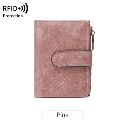 RFID Anti-Theft Women's Wallet – Retro Trifold Coin Purse with Zipper Closure