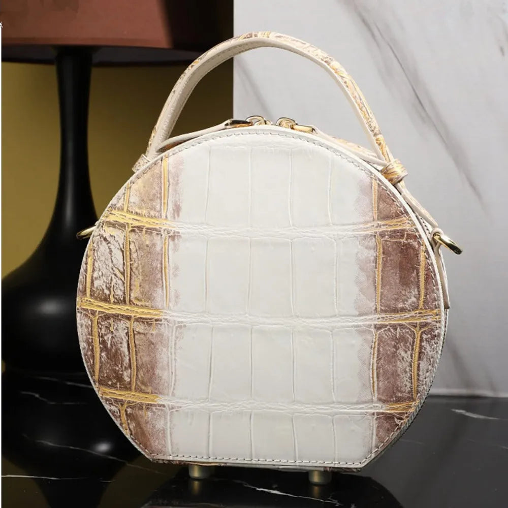 Genuine Crocodile Leather Round Handbag for Women – Luxury Small Shoulder Bag