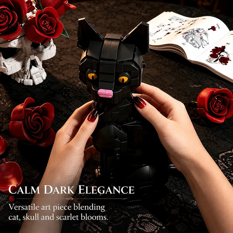 Gothic Skull Cat & Roses Building Blocks Set – MOC Decor Model