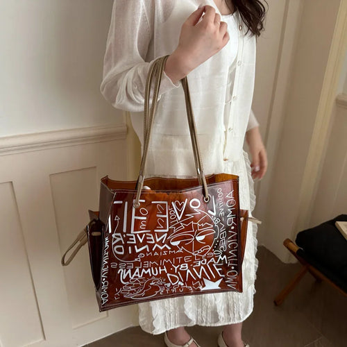 Transparent Pvc Jelly Tote Bag Inner Pouch Graffiti Letter Print Large Capacity Shoulder Summer